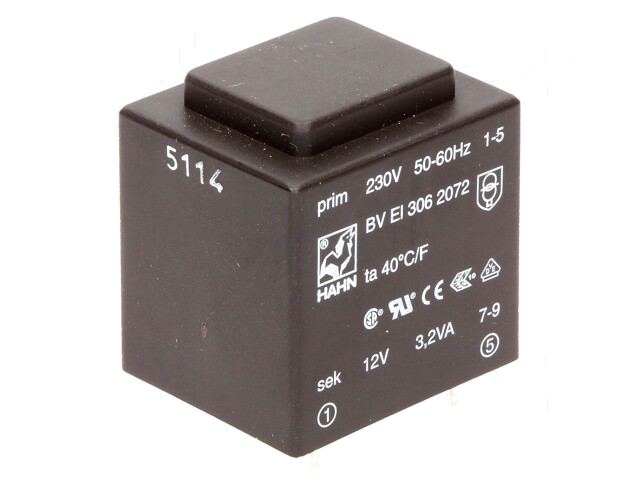 Transformator: ingegoten; 3,2VA; 230VAC; 12V; 267mA; PCB; BVEI Transformator: ingegoten; 3,2VA; 230VAC; 12V; 267mA; PCB; BVEI